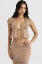 House of CB Top Maia Shimmer Cafe au Lait Wiązany Z Przodu Modny Stylowy Elegancki - Image 9