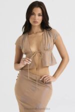 House of CB Top Maia Shimmer Cafe au Lait Wiązany Z Przodu Modny Stylowy Elegancki - Image 10