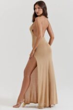 House of CB Złota Sukienka Maxi Selia Dzianina Trendy Elegancka