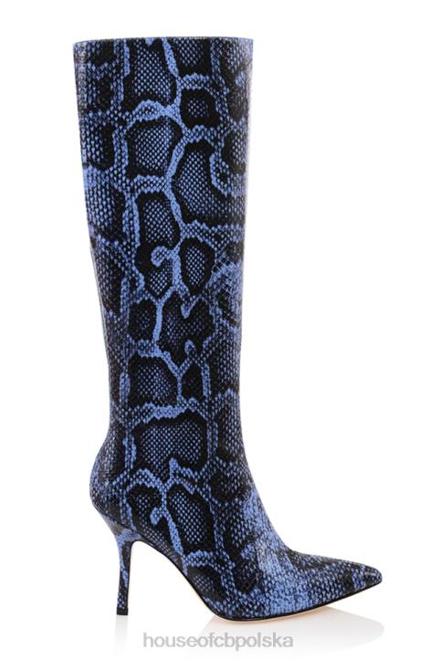 House of CB Królewskie Niebieskie Skórzane Buty za Kolano z Nadrukiem