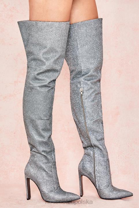 House of CB Stardust srebrne błyszczące skórzane buty za udo na każdą okazję