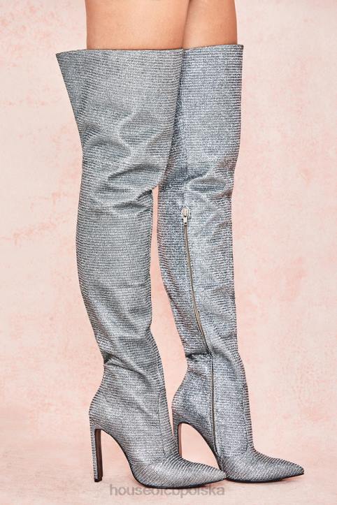 House of CB Stardust srebrne błyszczące skórzane buty za udo na każdą okazję