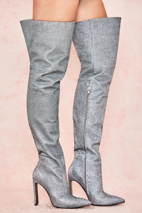 House of CB Stardust srebrne błyszczące skórzane buty za udo na każdą okazję