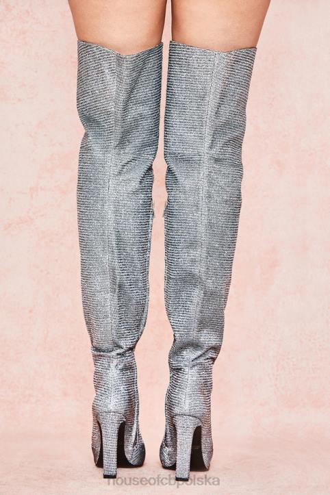 House of CB Stardust srebrne błyszczące skórzane buty za udo na każdą okazję