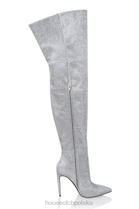 House of CB Stardust srebrne błyszczące skórzane buty za udo na każdą okazję