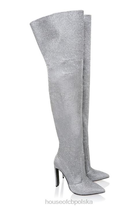 House of CB Stardust srebrne błyszczące skórzane buty za udo na każdą okazję
