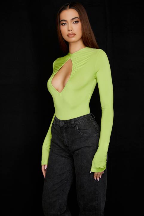 House of CB Modny Body z Wycięciami w Limonkowej Zieleni