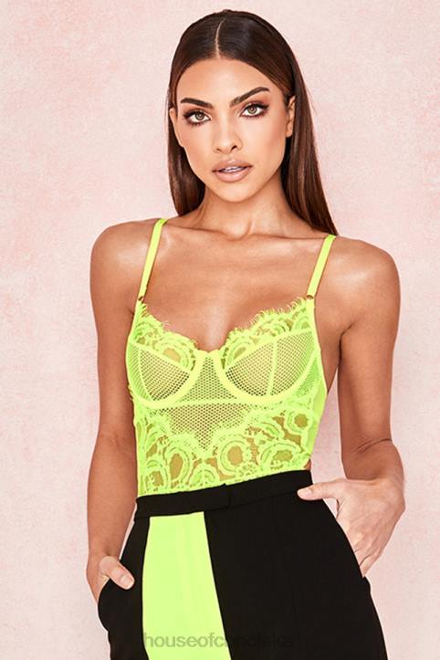 House of CB Nadia koronkowe body neonowożółte modna odzież damska