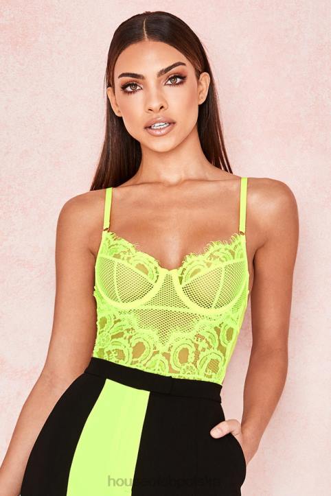 House of CB Nadia koronkowe body neonowożółte modna odzież damska