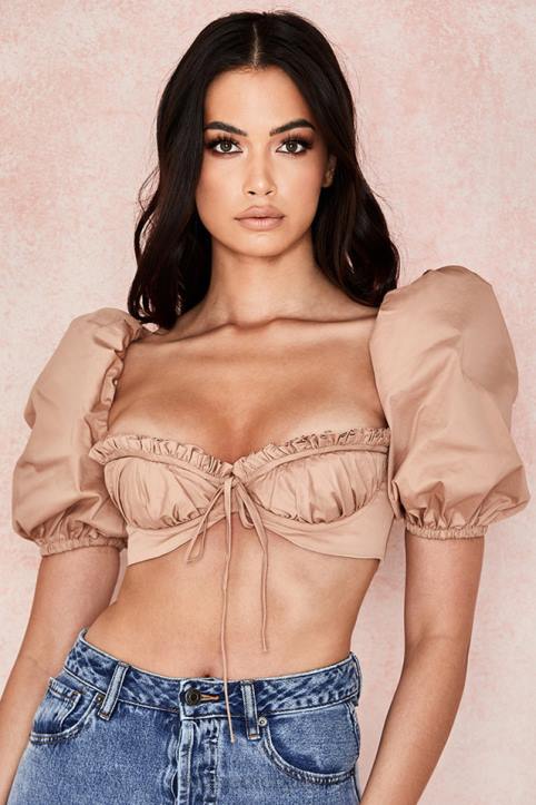 House of CB Hej bralet z bufiastymi rękawami w kolorze wielbłądzim