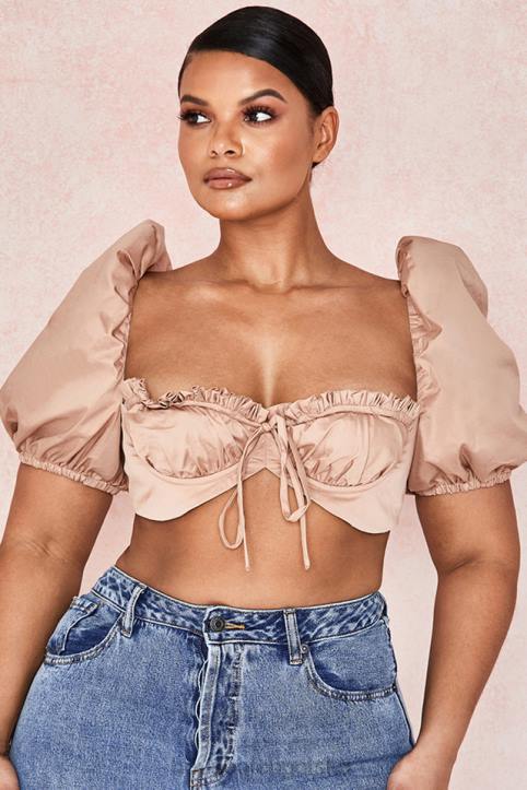 House of CB Hej bralet z bufiastymi rękawami w kolorze wielbłądzim