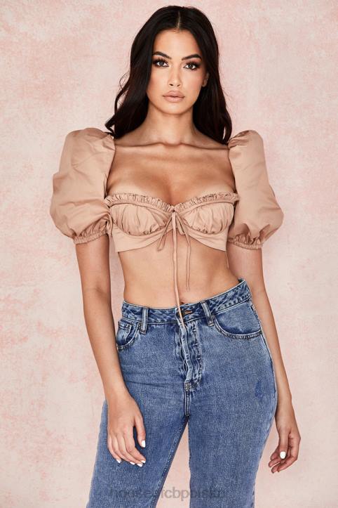 House of CB Hej bralet z bufiastymi rękawami w kolorze wielbłądzim