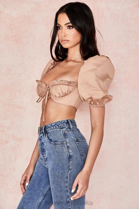 House of CB Hej bralet z bufiastymi rękawami w kolorze wielbłądzim