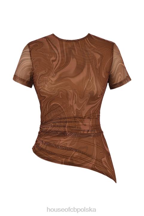 House of CB Asymetryczny t-shirt claudie z nadrukiem kakaowego wiru 4PND751 odzież