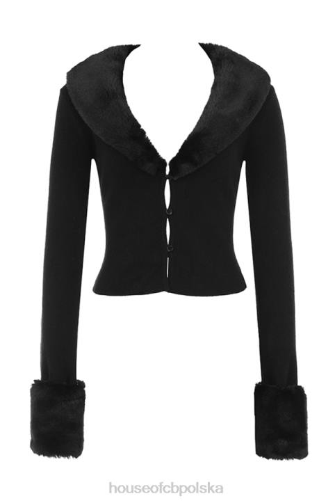House of CB Elegancki Czarny Kardigan z Futrem Sztucznym