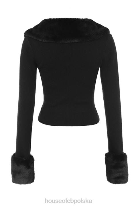 House of CB Elegancki Czarny Kardigan z Futrem Sztucznym