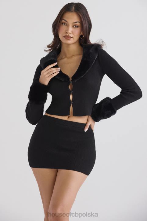 House of CB Elegancki Czarny Kardigan z Futrem Sztucznym