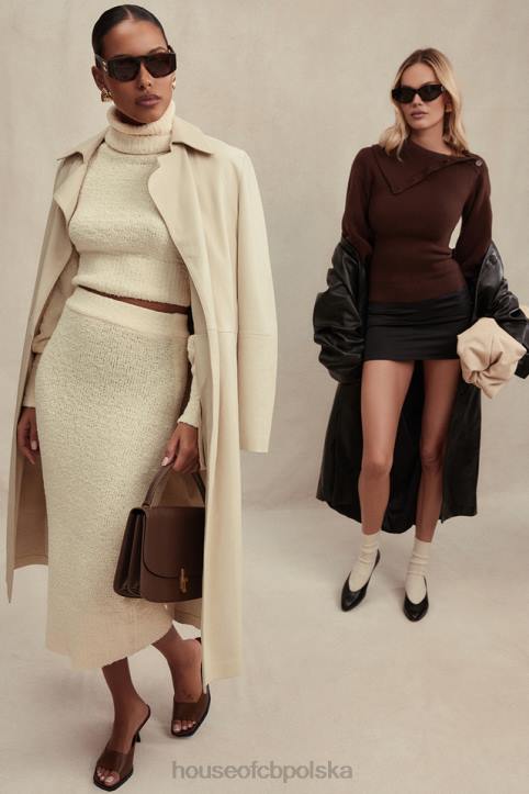 House of CB Kremowy Krótki Sweterek Boucle Miękki Stylowy