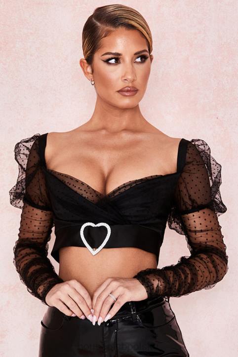 House of CB Clara Top siateczkowy z sercową sprzączką w kolorze czarnym
