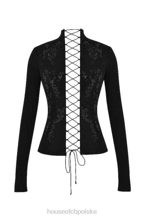 House of CB Czarny koronkowy top Lori z kryształkami modna odzież dla kobiet