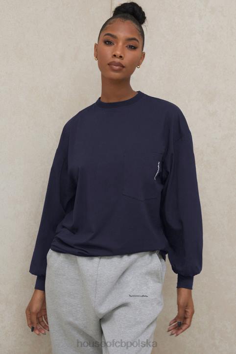 House of CB Granatowy Długi Rękaw Stylowy Top na Każdą Okazję