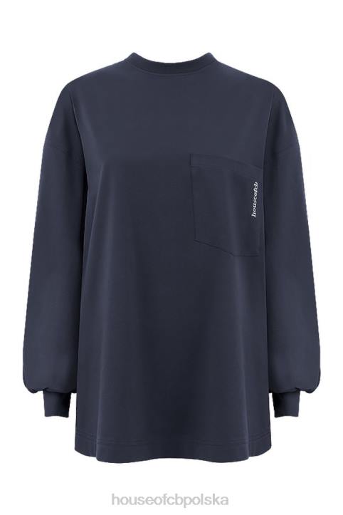 House of CB Granatowy Długi Rękaw Stylowy Top na Każdą Okazję