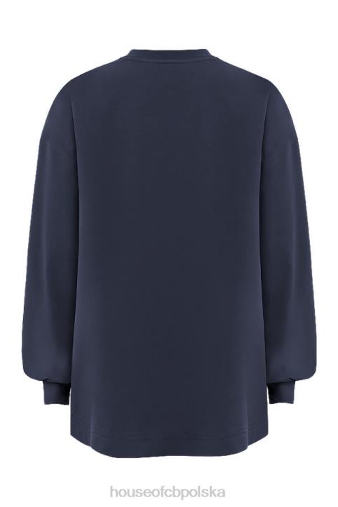 House of CB Granatowy Długi Rękaw Stylowy Top na Każdą Okazję