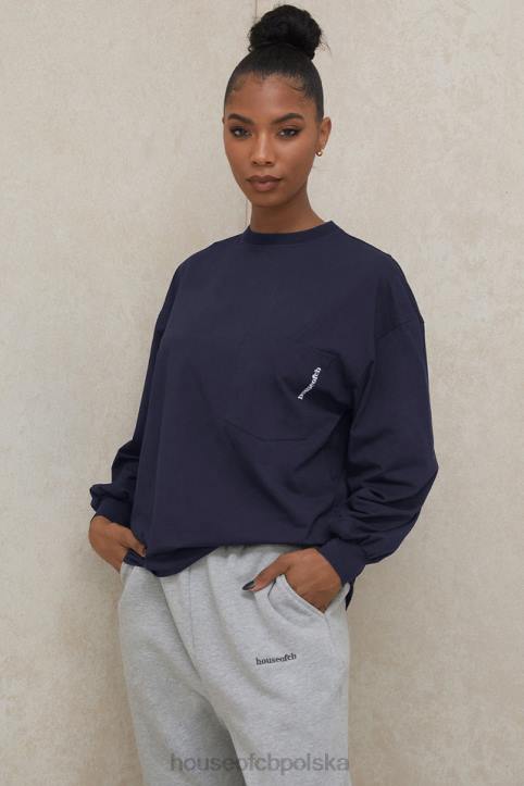 House of CB Granatowy Długi Rękaw Stylowy Top na Każdą Okazję