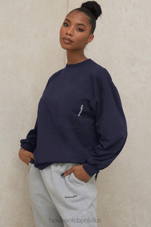 House of CB Granatowy Długi Rękaw Stylowy Top na Każdą Okazję