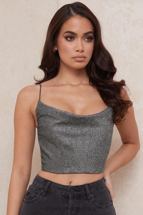 House of CB Lulia Srebrny Krótki Top Modny Styl Elegancki