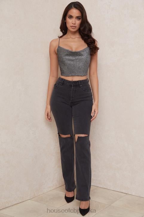 House of CB Lulia Srebrny Krótki Top Modny Styl Elegancki