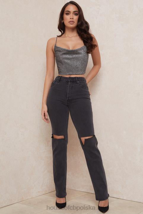 House of CB Lulia Srebrny Krótki Top Modny Styl Elegancki