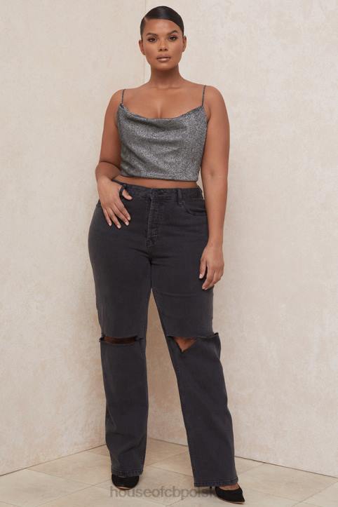 House of CB Lulia Srebrny Krótki Top Modny Styl Elegancki