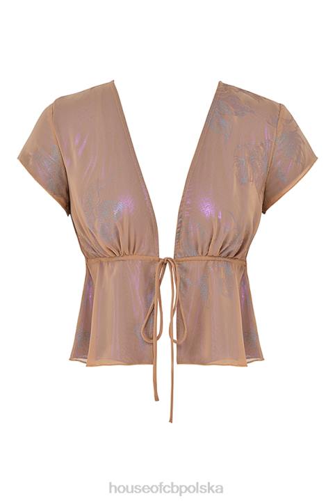 House of CB Top Maia Shimmer Cafe au Lait Wiązany Z Przodu Modny Stylowy Elegancki