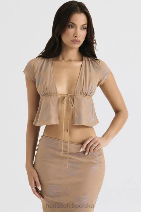 House of CB Top Maia Shimmer Cafe au Lait Wiązany Z Przodu Modny Stylowy Elegancki