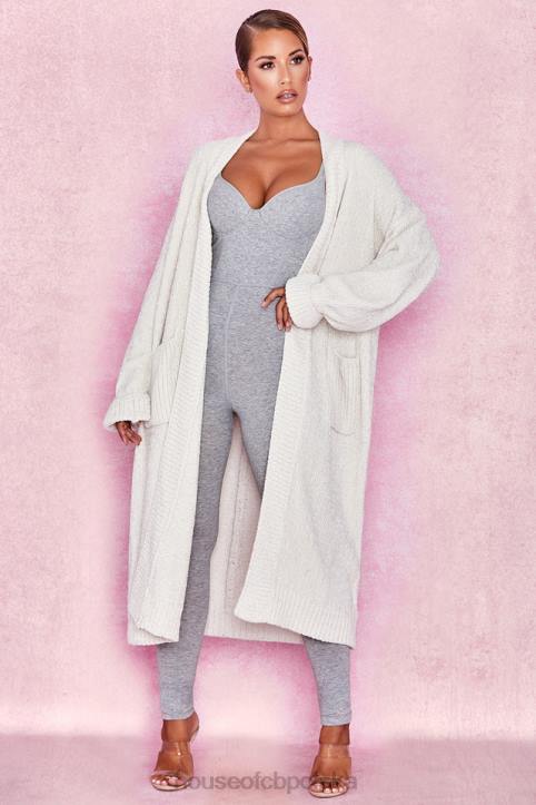House of CB Celine modny luźny kardigan złamana biel szenilowy stylowy odzież