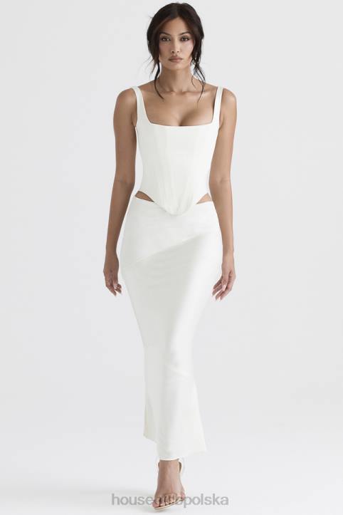 House of CB Colette elegancka midi spódnica w kolorze kości słoniowej satynowa o skośnym kroju