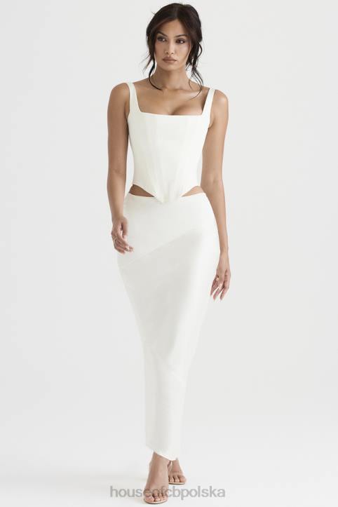 House of CB Colette elegancka midi spódnica w kolorze kości słoniowej satynowa o skośnym kroju