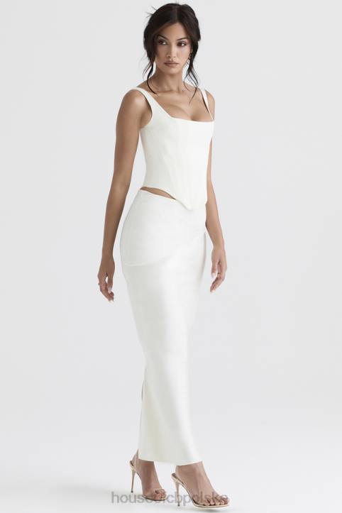House of CB Colette elegancka midi spódnica w kolorze kości słoniowej satynowa o skośnym kroju