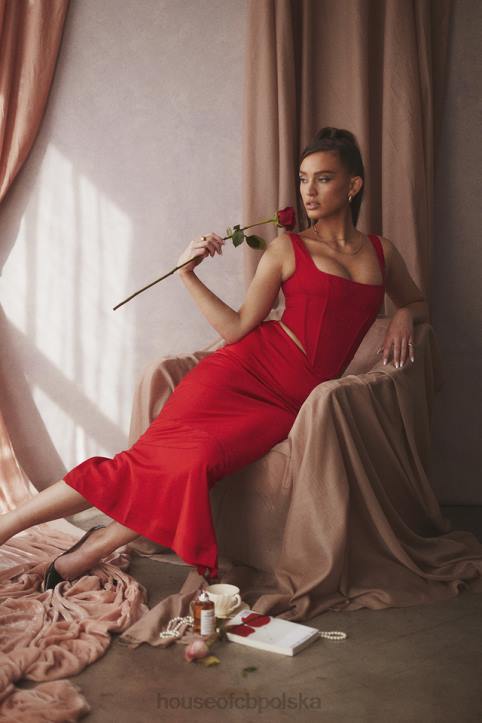House of CB Colette satynowa spódnica midi szkarłatna z niskim stanem modna odzież kobieca