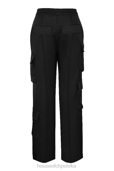House of CB czarne satynowe spodnie cargo z prostymi nogawkami eleganckie i stylowe