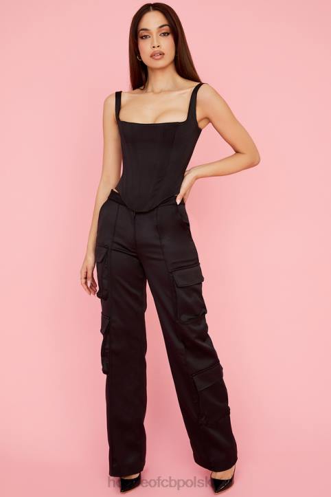 House of CB czarne satynowe spodnie cargo z prostymi nogawkami eleganckie i stylowe