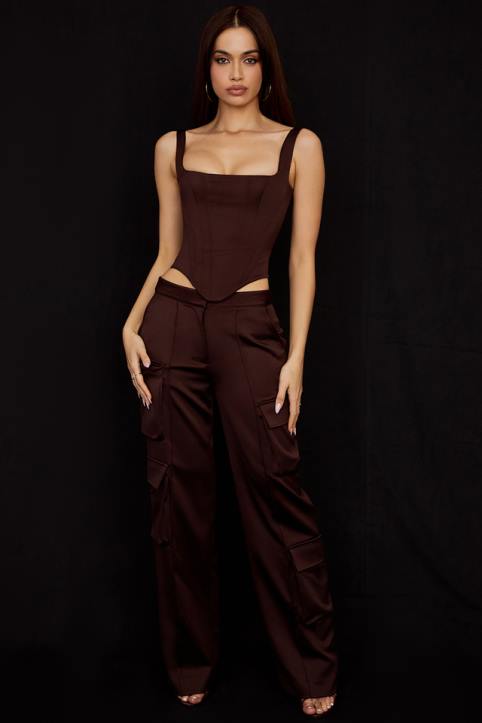 House of CB Czekoladowe Satynowe Spodnie Cargo Fashionowy Styl