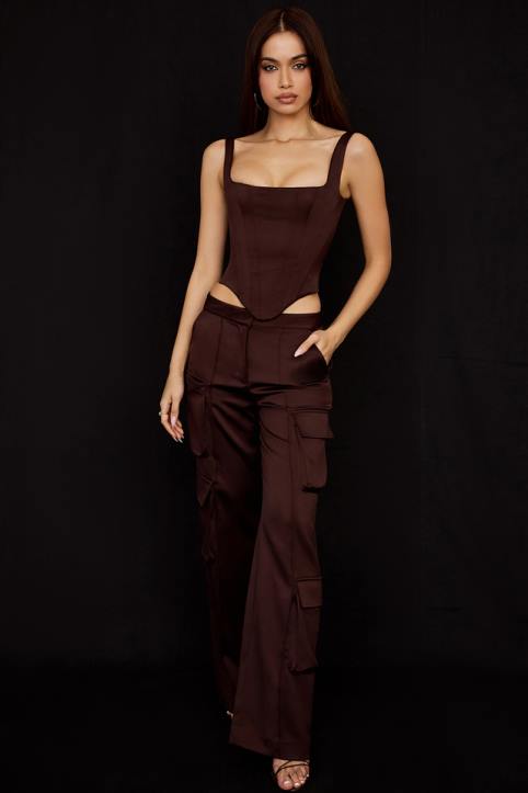 House of CB Czekoladowe Satynowe Spodnie Cargo Fashionowy Styl