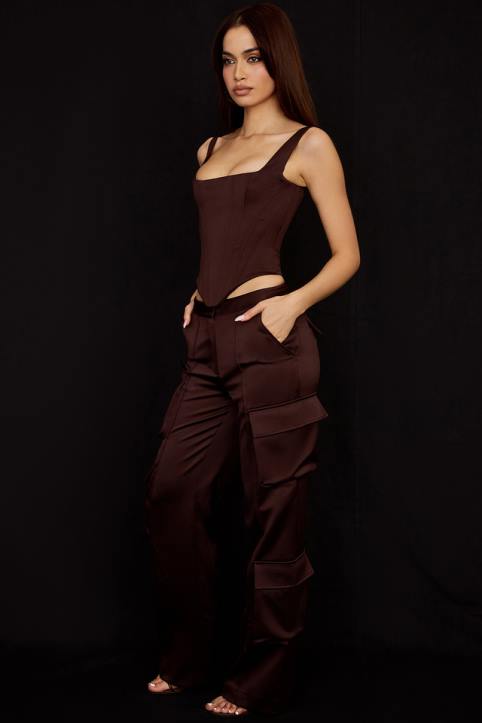 House of CB Czekoladowe Satynowe Spodnie Cargo Fashionowy Styl
