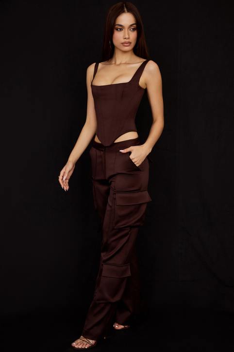 House of CB Czekoladowe Satynowe Spodnie Cargo Fashionowy Styl