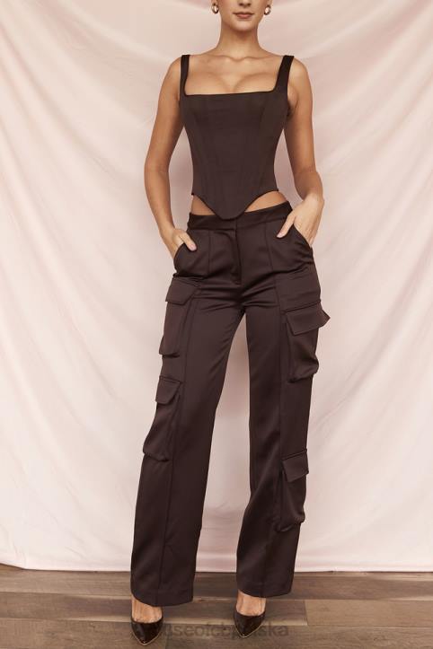 House of CB Czekoladowe Satynowe Spodnie Cargo Fashionowy Styl