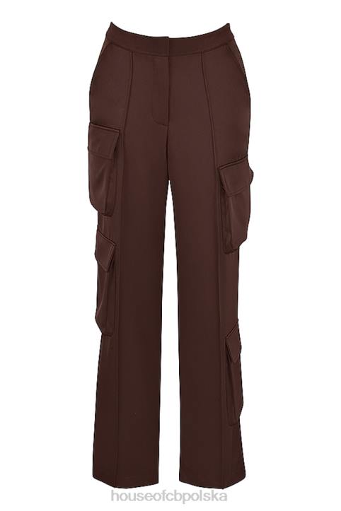 House of CB Czekoladowe Satynowe Spodnie Cargo Fashionowy Styl