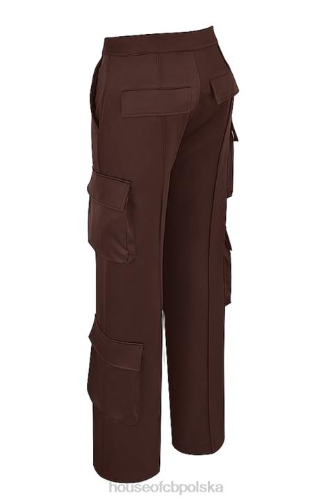 House of CB Czekoladowe Satynowe Spodnie Cargo Fashionowy Styl