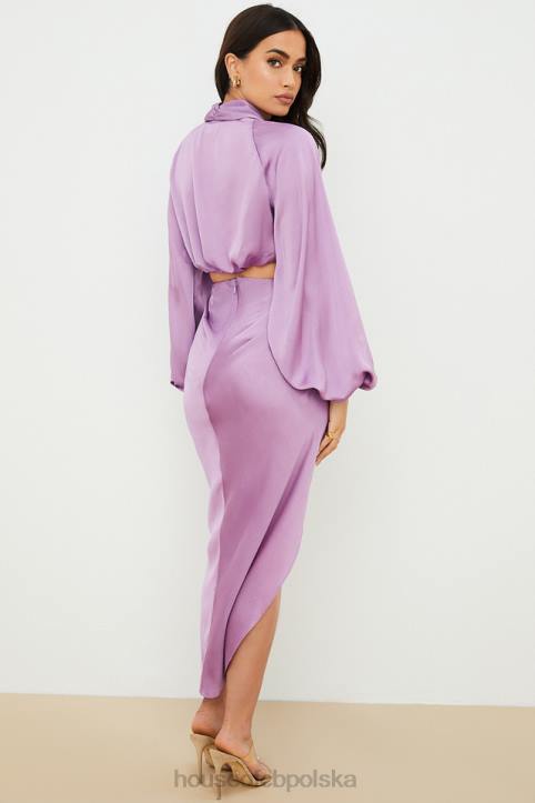 House of CB Liliowa Satynowa Drapowana Spódnica Elegancka Moda